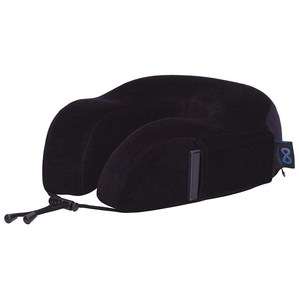 Almohada de Cuello Memory Foam para Viajar color Negro con Kit de Viaje con Mascara para Dormir y Tapones de los Oidos.