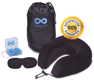 Almohada de Cuello Memory Foam para Viajar color Negro con Kit de Viaje con Mascara para Dormir y Tapones de los Oidos.