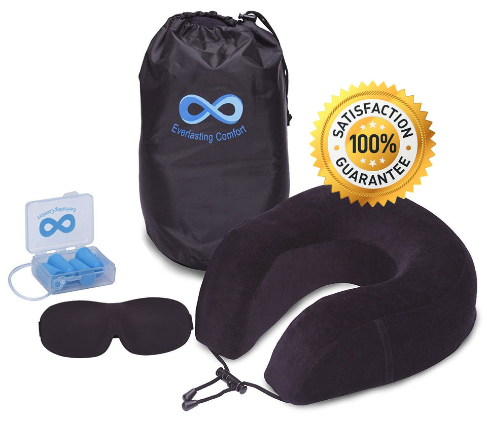 Almohada de Cuello Memory Foam para Viajar color Negro con Kit de Viaje con Mascara para Dormir y Tapones de los Oidos.