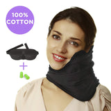 Juego de Almohada de Viaje: Almohada para Cuello de Viaje 100% Algodón con Soporte de Memory Foam, Máscara para Dormir 3D, Tapones de Oídos – Almohadas para Avión – Funda de Almohada de Vuelo para Dormir Accesorios de Viaje – Esenciales de Viaje Negro